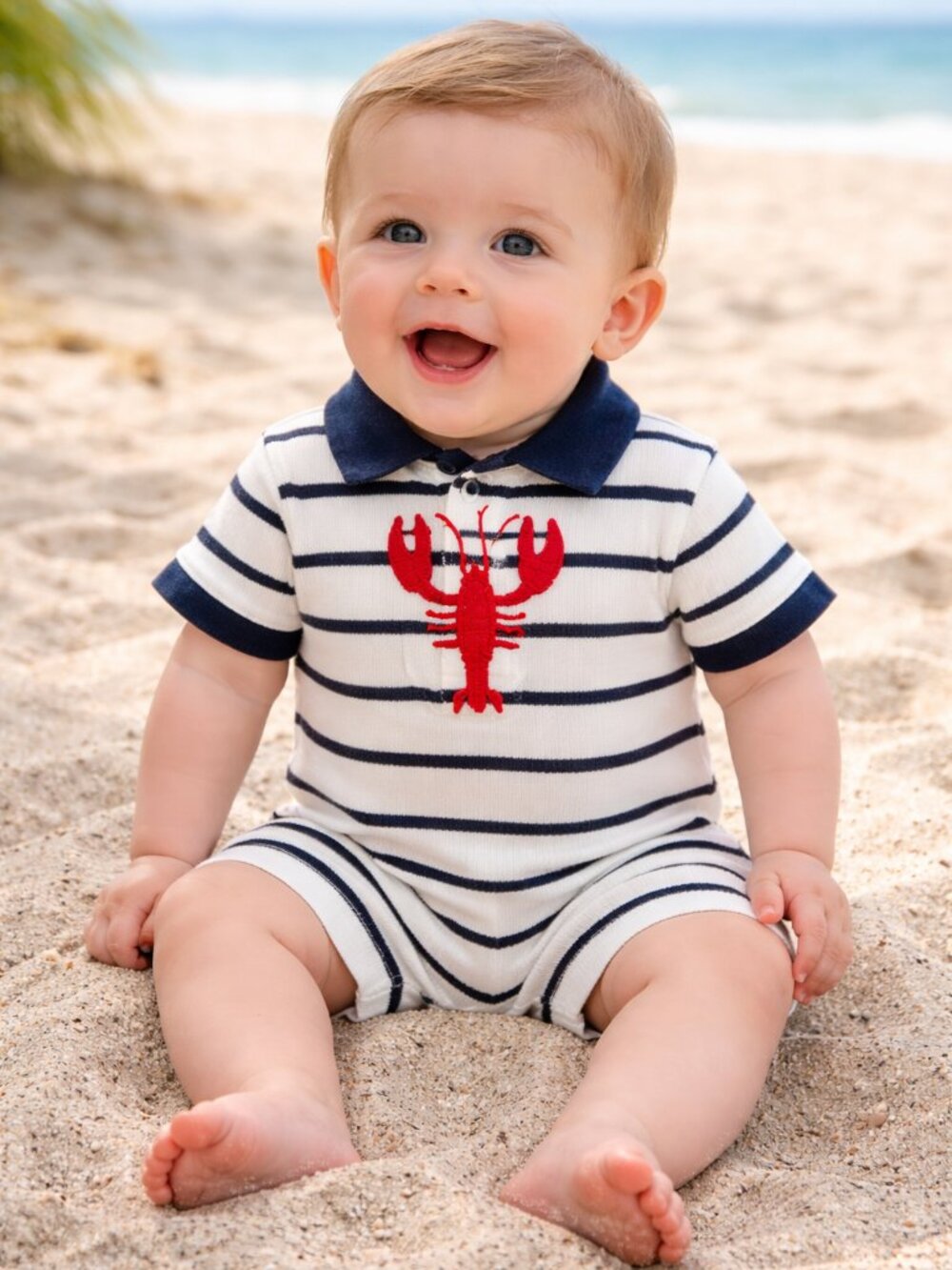 NWT Sperry Baby Boy Knit Romper 6-9 Months Nautical Striped Lobster Shortall - Picture 2 of 3